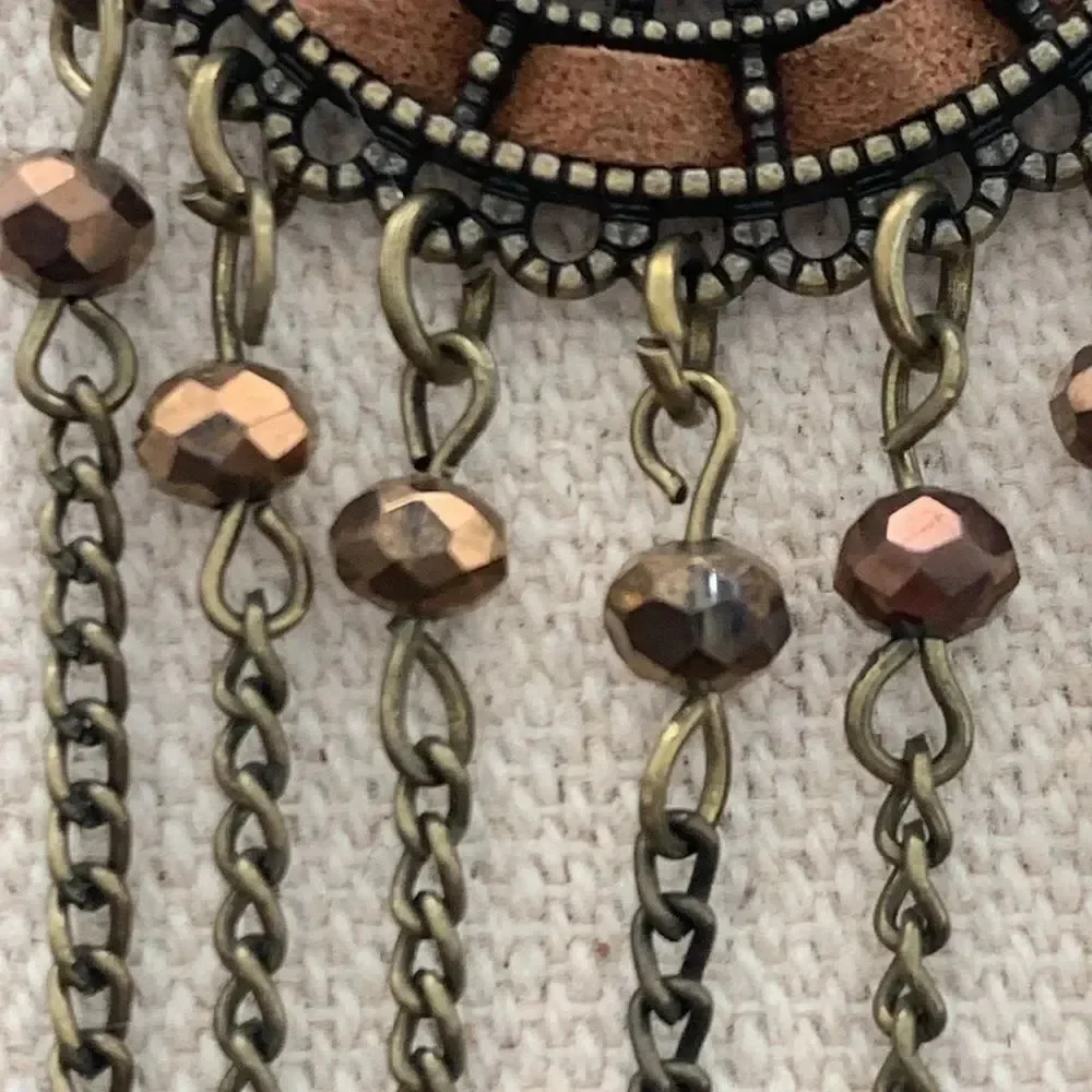 Bronze Tone Radial Medallion Tassel Necklace Long Drop